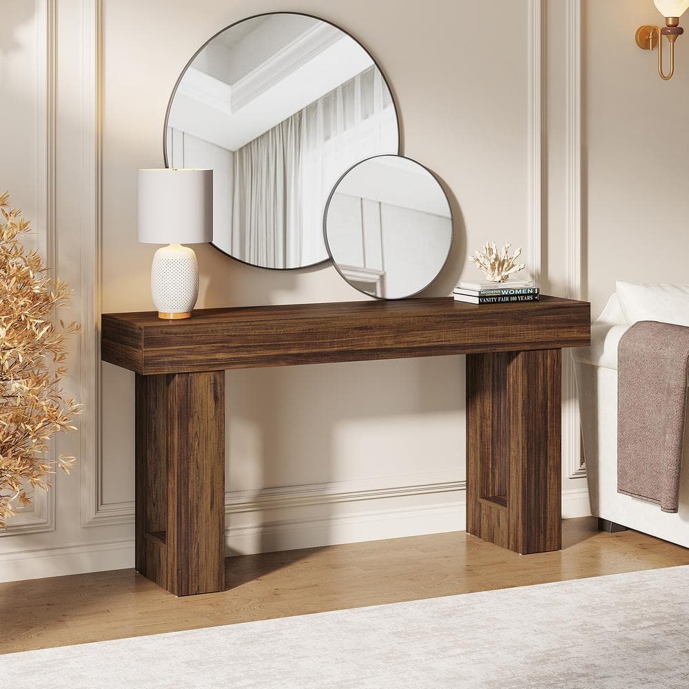 63-Inch Rustic Brown Wooden Console Table with Storage