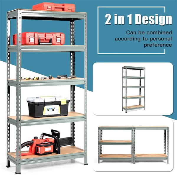 Gray 5-Tier Metal Storage Shelves 60 in. Adjustable Shelves (3-Pieces)
