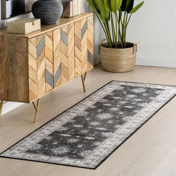 Andrea Bordered Spill Proof Washable Charcoal 3 ft. x 8 ft. Indoor Runner Rug