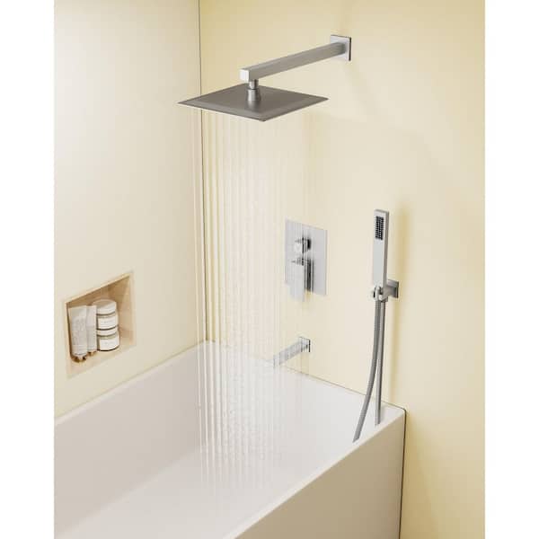 Dual Handles 3-Spray 10 in. Wall Mount 2.5 GPM Shower Head Tub and Shower Faucet in Brushed Nickel (Valve Included)