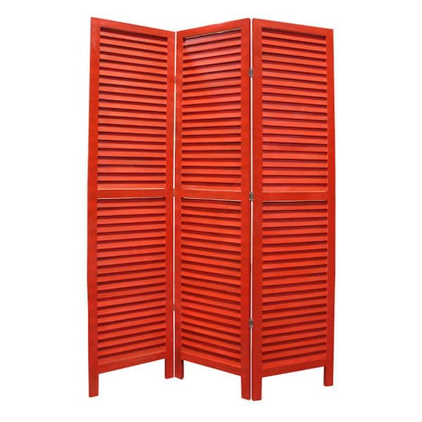 Benjara 5.5 ft. Red 3-Panel Foldable Wooden Shutter Screen Room Divider with Straight Legs