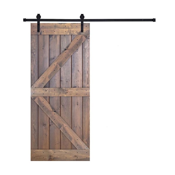 K Series 24 in. x 84 in. Brair Smoke Finished Pine Wood Sliding Barn Door with Hardware Kit