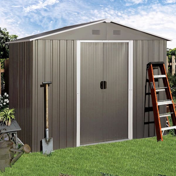 8 ft. W x 6 ft. D Metal Storage Shed Outdoor Tool House Room with Floor Frame, Shelves and Hooks, Gray (39 sq. ft.)