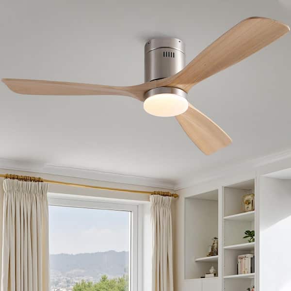 Elysian 52 in. Indoor Brushed Nickel Flush Standard Ceiling Fan with Light,Remote Control Included and Light Wood Blades