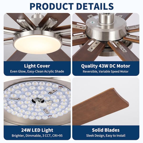 72 in. Brown Brushed Nickel Downrod Mount Standard Ceiling Fan with Remote Control Solid Wood Blades