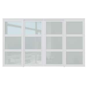 144 in. x 80 in. 3-Lite Frosted Glass White Primed MDF Interior Closet Sliding Door with Hardware