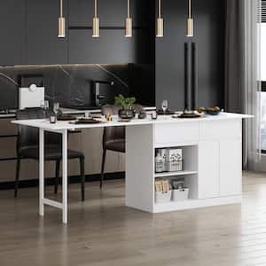 White Wood 86.2 in. W Kitchen Island Dining Bar Table With Extendable Table Top,-Door Cabinet,-Drawers, Open Shelves