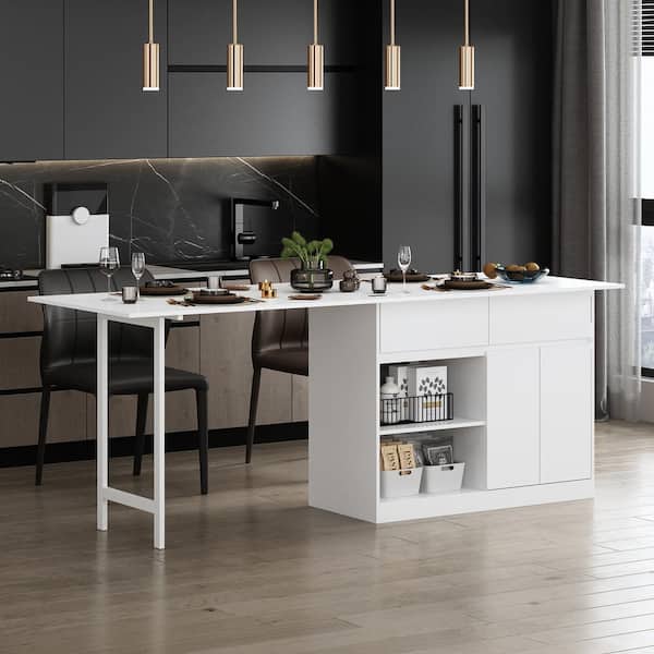 FUFU&GAGA White Wood 86.2 in. W Kitchen Island Dining Bar Table With Extendable Table Top,-Door Cabinet,-Drawers, Open Shelves
