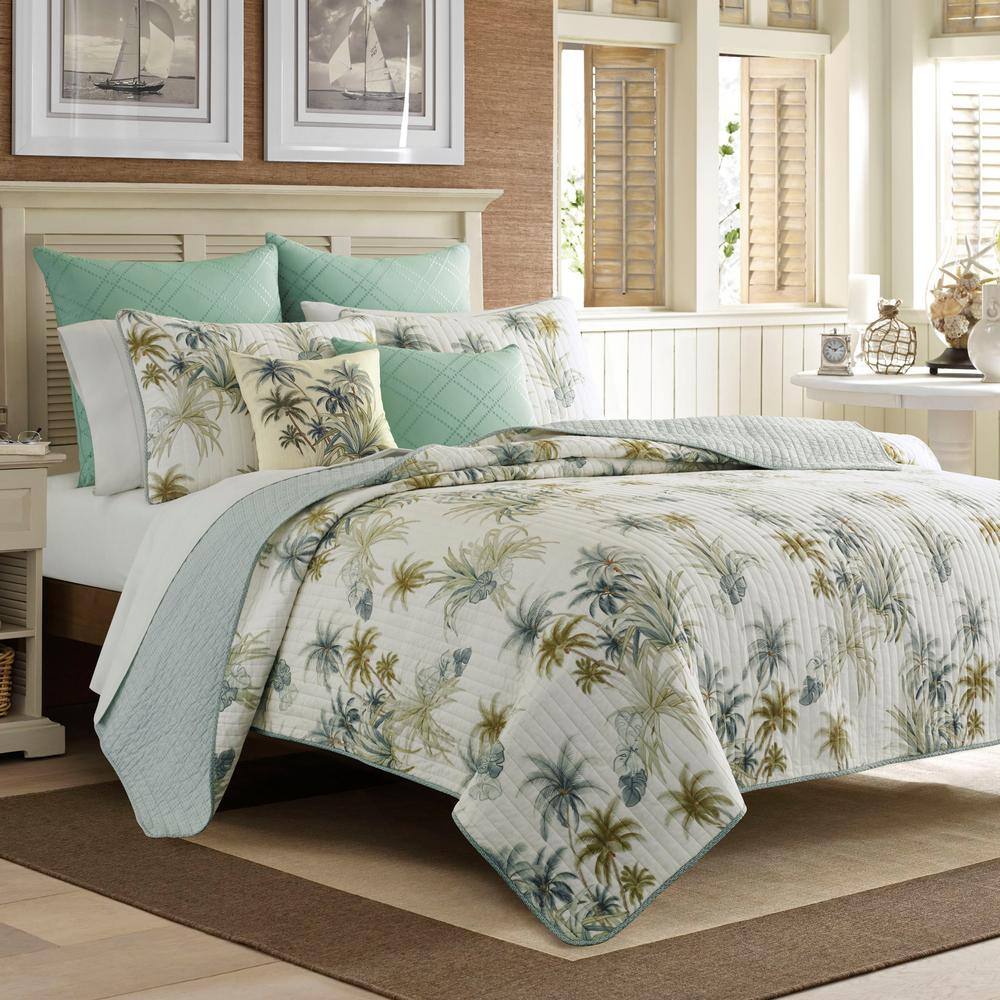 Standard Aqua Embroidered Cotton Sham Set with Tropical Design