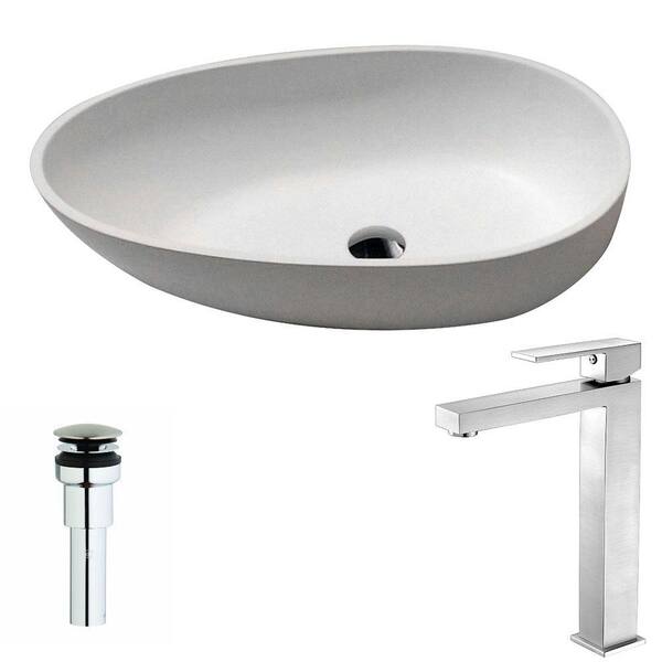 ANZZI Trident 1-Piece Man Made Stone Vessel Sink in Matte White with Enti Faucet in Brushed Nickel