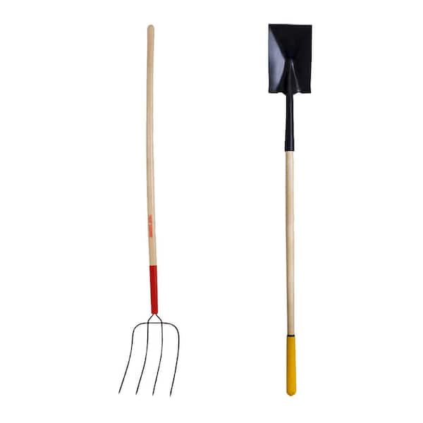 2-Piece Garden Tool Set with Long-Handle Square Point Shovel and Manure Fork
