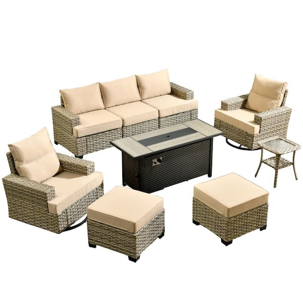 Kelleys 9-Piece Wicker Outdoor Patio Fire Pit Conversation Sofa Furniture Set with Swivel Chairs and Beige Cushions