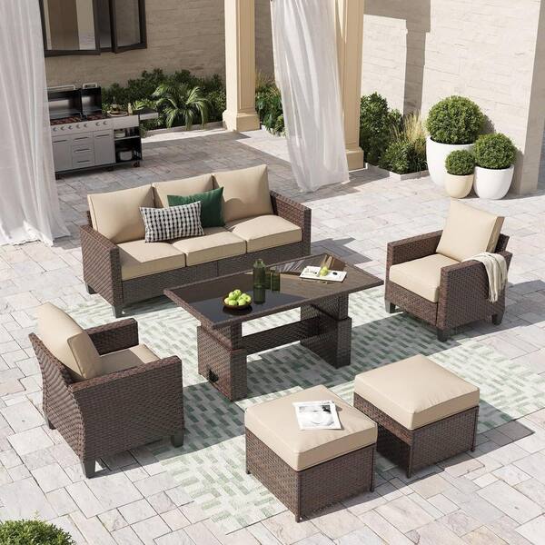 Freestyle Sunsitt 6 Piece Wicker Brown Outdoor Conversation Set with Lift Table Ottomans in Beige HD LT BR343637 The Home Depot