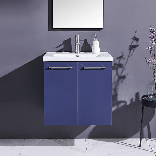 24 Wall Mounted Bathroom Vanity and Sink Combo, Blue Floating Bathroom  Vanity with White Ceramic Sink