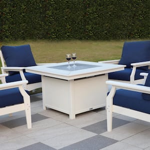 Park City 42 in. W x 25 in. H 5-Piece Square HDPE Firepit Set with White Deep Seating Chairs and Navy Cushions