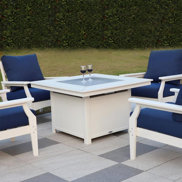 LuXeo Park City 42 in. W x 25 in. H 5-Piece Square HDPE Firepit Set with White Deep Seating Chairs and Navy Cushions