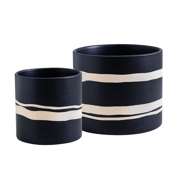 5/7 in. Medium Black Ceramic Round Planter Set (2-Pack)