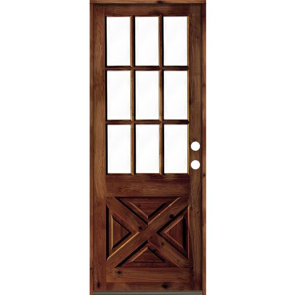 Krosswood Doors 32 in. x 96 in. Knotty Alder Left-Hand/Inswing X-Panel 1/2 Lite Clear Glass Red Chestnut Stain Wood Prehung Front Door