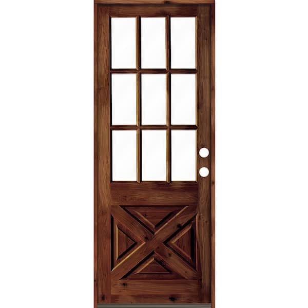 Krosswood Doors 36 in. x 96 in. Knotty Alder X-Panel Left-Hand/Inswing 1/2 Lite Clear Glass Red Chestnut Stain Wood Prehung Front Door