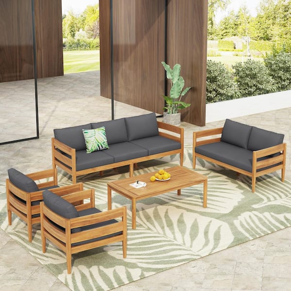 Wanda Outdoor 5-Piece Solid Wood Patio Conversation Set with Dark Gray Cushions, Teak Finish, Curved Back