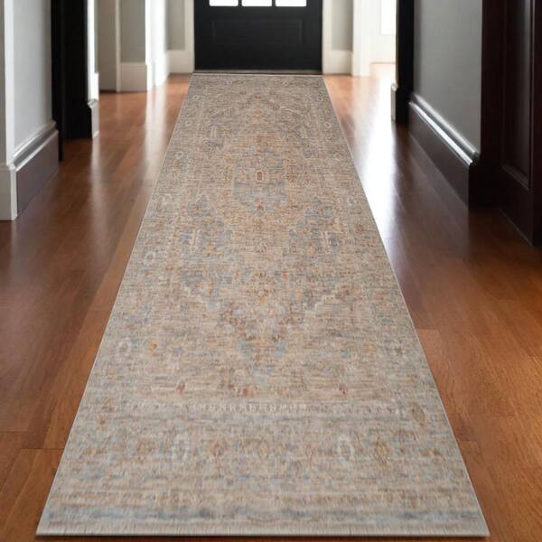 3' X 10' Blue And Sand Floral Medallion Runner Rug With Fringe