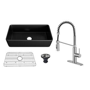 All-in-1 36 in. Farmhouse/Apron-Front Single Bowl Fireclay Kitchen Sink with Kitchen Faucet, Grid, and Basket Strainer