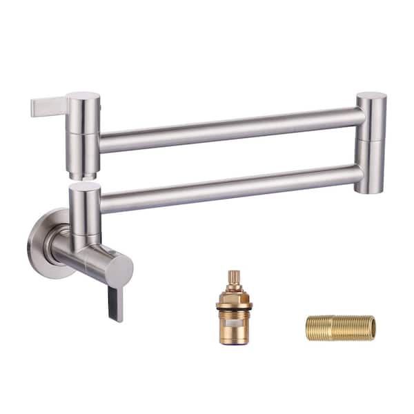 WOWOW Solid Brass Wall Mounted Pot Filler Faucet with Double Joint Swing Arms, Commercial Kitchen Pot Faucet in Brushed Nickel