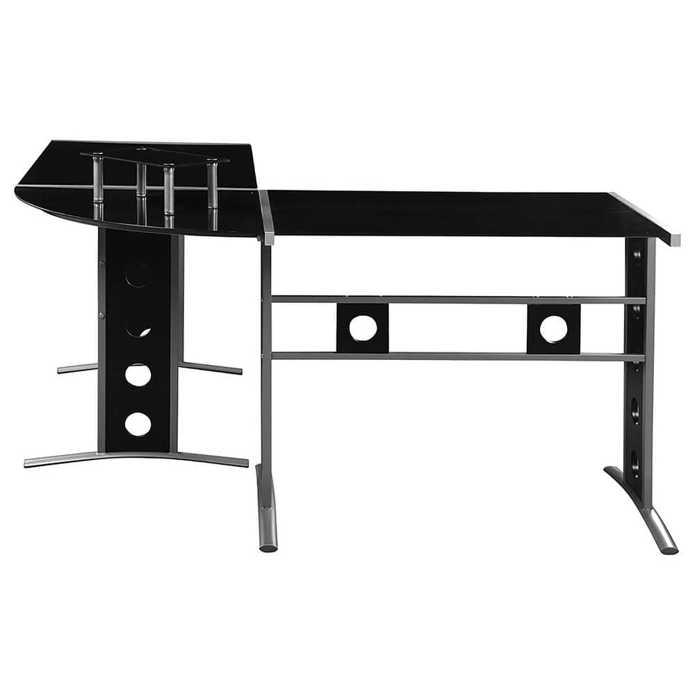 Contemporary Black Glass L-Shape Corner Desk with Silver Accents