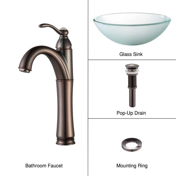 KRAUS Frosted Glass Vessel Sink in Clear with Single Hole Single-Handle High-Arc Riviera Faucet in Oil Rubbed Bronze