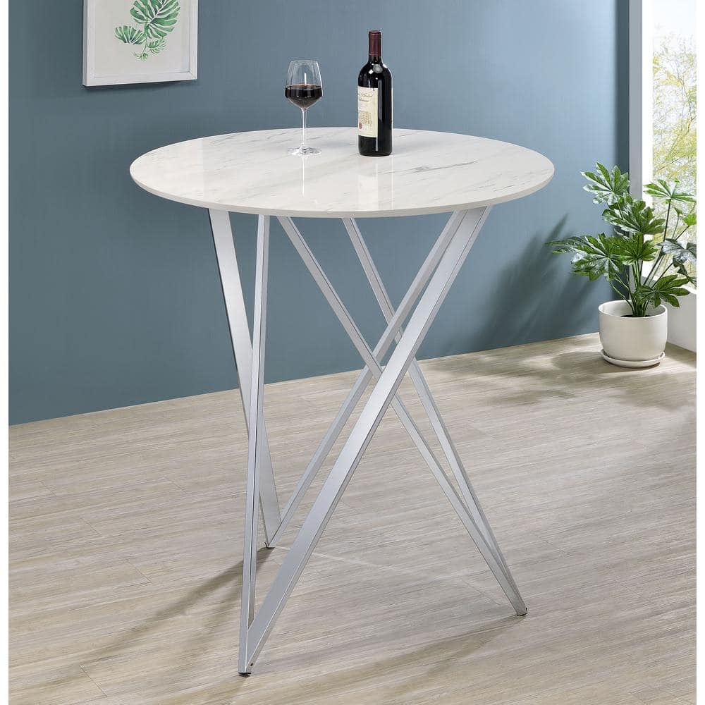 Round White Faux Marble Bar Height Table with Metal Base