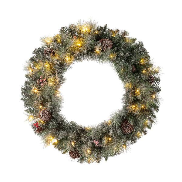 Glitzhome 30 in. D Pre-Lit Glittered Pine Cone Artificial Christmas Wreath with 50 Warm White Lights