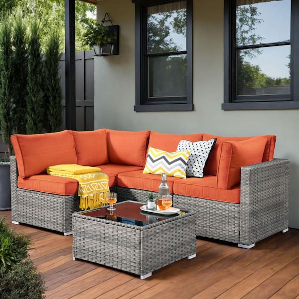 Regale 5-Piece Wicker Outdoor Sectional Set with Orange Red Cushions