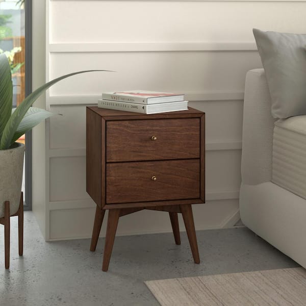 Unbranded Flynn 2-Drawer Walnut Brown Mid Century Wood Nightstand 26 in. H x 18 in. W x 15 in. D