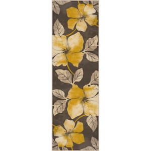 Bahamas Floral Leaf Yellow Brown 2 ft. x 7 ft. Non-Slip Rubber Back Indoor Area Rug