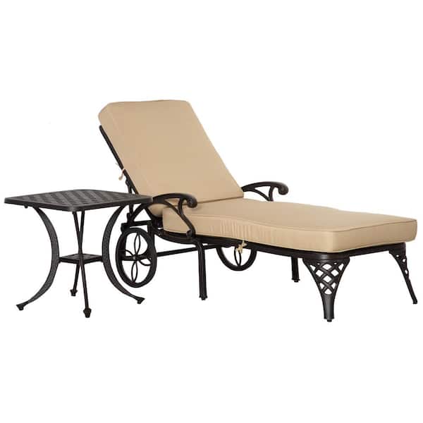Unbranded Beige Aluminum Outdoor Adjustable Chaise Lounge Chair with Wheels, Armrests, Folding 4-Position, Side Table and Cushion