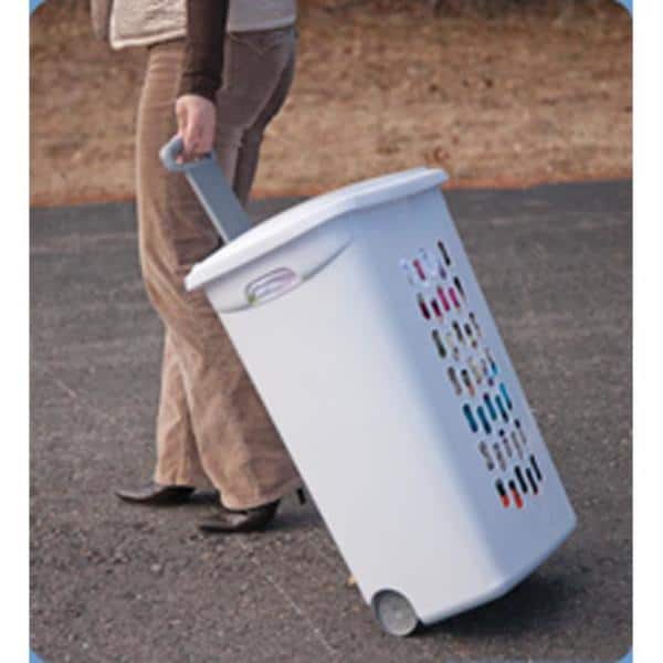 White Plastic Upright Laundry Hamper with Wheels and Lid