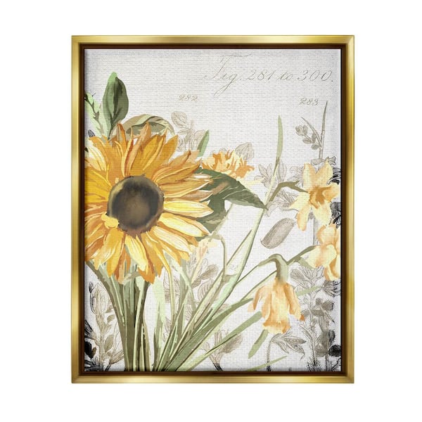 The Stupell Home Decor Collection Soft Sunflower Floral Over Vintage Plant Illustration by Kim Allen Floater Frame Nature Wall Art Print 17 in. x 21 in.