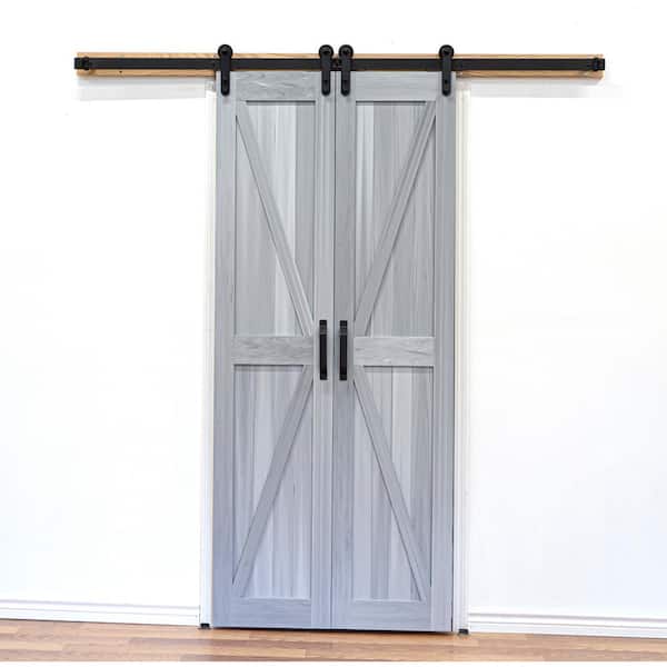 36 in. x 84 in. Board and Batten Composite PVC Silver Fox Split Sliding Barn Door with Hardware Kit