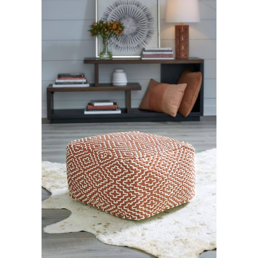 Handwoven Red and White Geometric Pouf