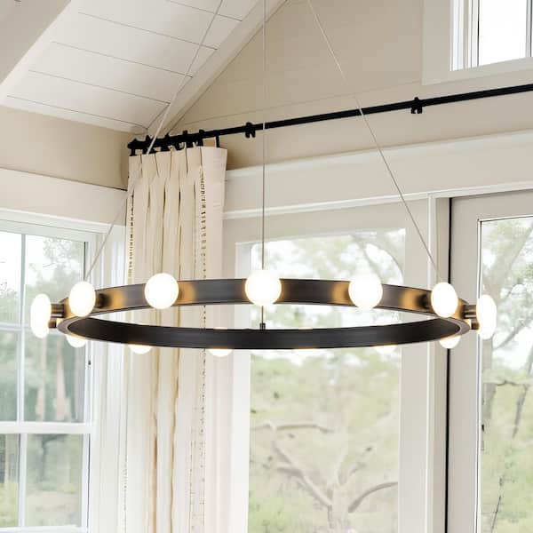 Twedt 15-Light Mid-Century Modern Black Integrated LED Large Wagon Wheel Chandelier for Dining Room/Living Room