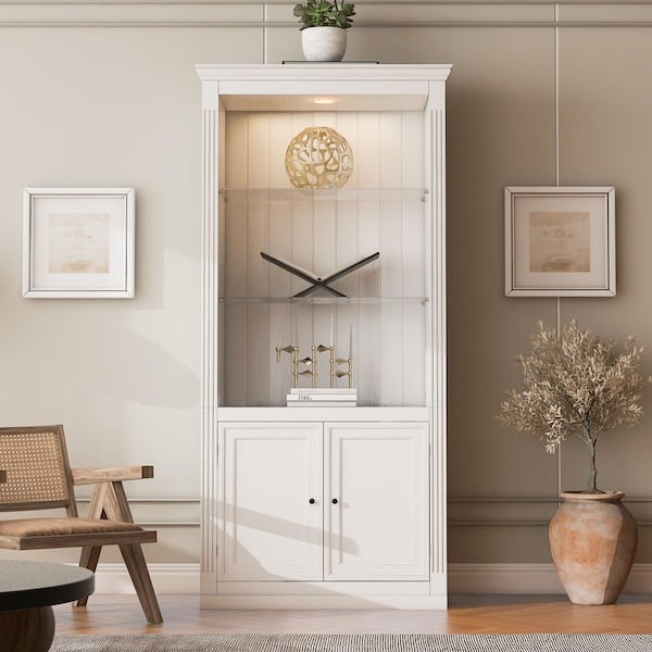 78.75 in. Tall White MDF 4-Tier Display Bookcases Shelf with 5-Color Ceiling LED Light, Adjustable Glass Shelves