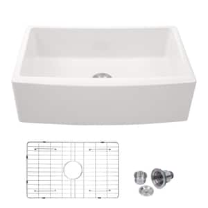 Ceramic 33 in. Single Bowl Round Corner Farmhouse Apron Kitchen Sink with Sink Grid and Basket Strainer