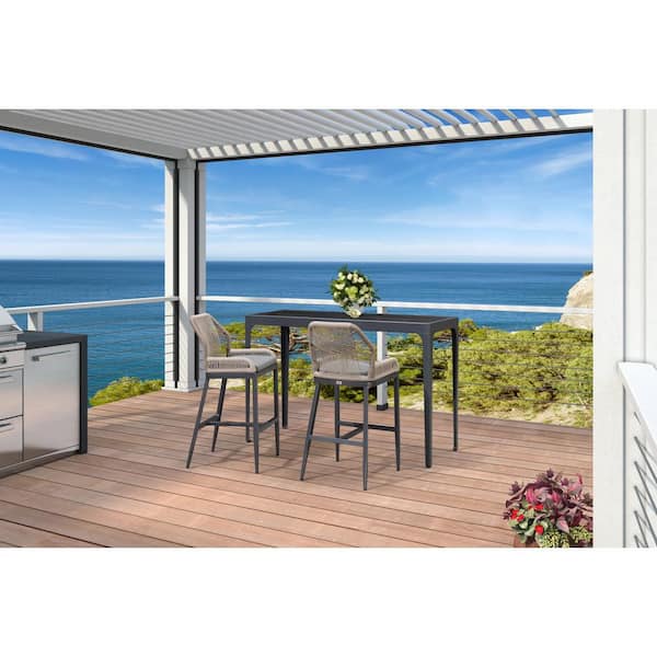 PURPLE LEAF Modern Aluminum Rectangle Bar Height Top Table and Wicker Outdoor Bar Stool Set with Gray Cushions, (3-Pack)