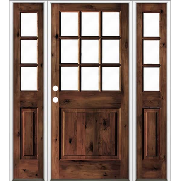Krosswood Doors 64 in. x 80 in. Rustic Knotty Alder Clear 9-Lite Red Mahogony Stain Wood Right Hand Single Prehung Front Door/Sidelites