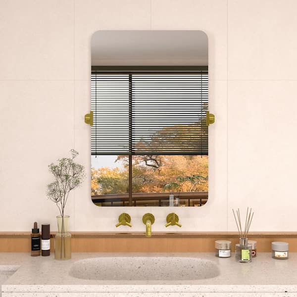 Edge 24 in. W x 36 in. H Rectangular Framed Adjustable Tilt Wall-Mounted Bathroom Vanity Mirror in Brushed Gold