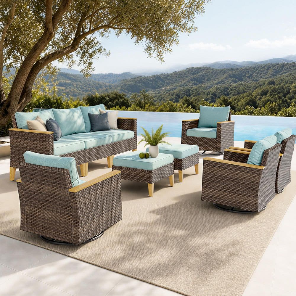 Brown Wicker Rattan 9 Seat 9-Piece Steel Outdoor Patio Sectional Set with Blue Cushions, 4 Swivel Sofas and 2 Ottomans price history on PriceWatchPro