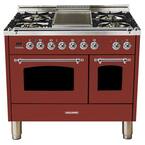 40 in. 4.0 cu. ft. Double Oven Dual Fuel Italian Range with True Convection, 5 Burners, Griddle, Chrome Trim in Burgundy