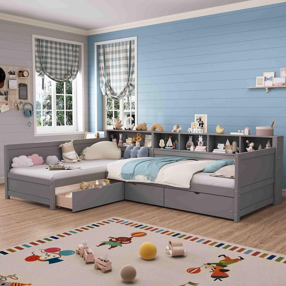 Grey Twin Size Daybed with Storage 3 Drawers, Wooden Corner Bed with Bookshelf price history on PriceWatchPro