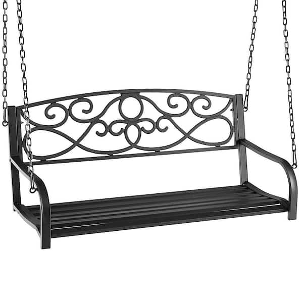 2-Person Metal Hanging Porch Swing Bench with Chains, Backrest and Armrests