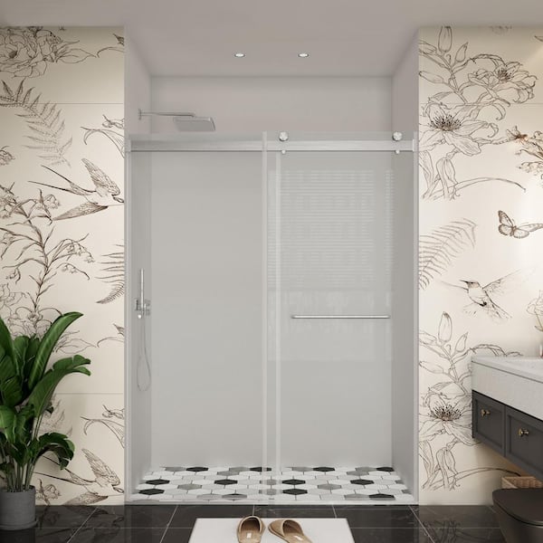 48 in. W x 76 in. H Double Sliding Frameless Bypass Bath Shower Door in Brushed Nickel with Easy-Clean Clear Glass